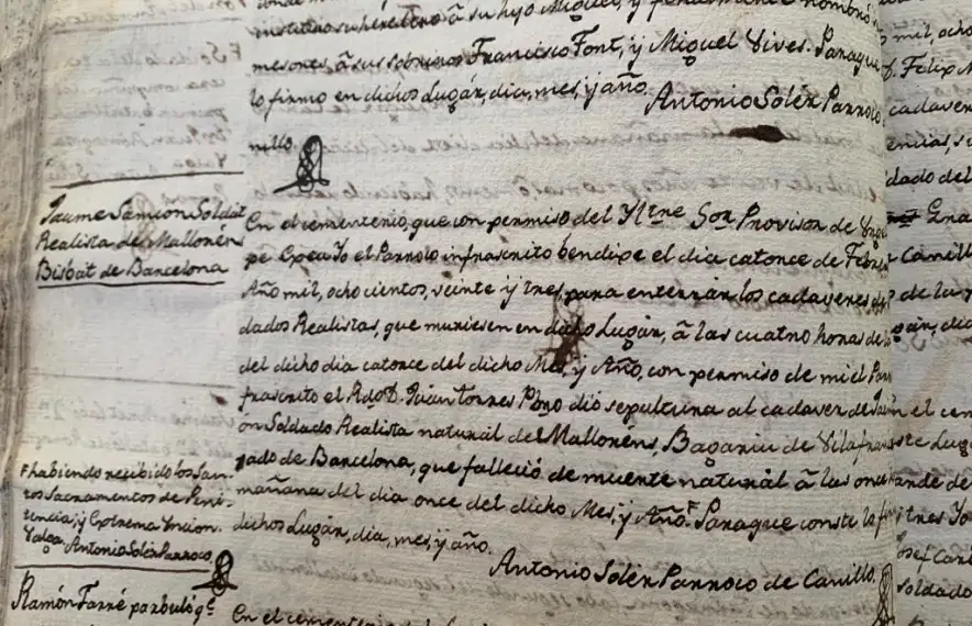 El primer soldat reialista enterrat a Soldeu va ser Jaume Samion, mort l’11 de febrer del 1823 i inhumat tres dies després.