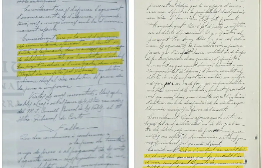 La sentència del cas de la tora recull l’atenuant d’alcoholisme per a la parricida escaldenca. A Pere Areny (dreta) no el va salvar haver mostrat signes de mentalitat “bastant simple”.