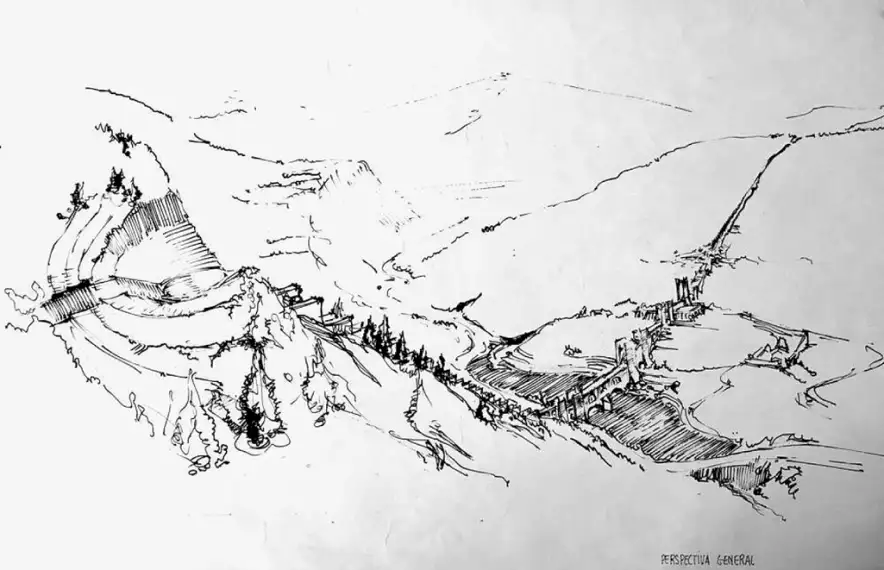 Perspectives del projecte presentat per Bofill, Bohigas, Aixàs i Pujal: es tractava de travessar el fons de vall amb un seguit d’estructures que salvaven un llac artificial i culminaven en dos amfiteatres a banda i banda.