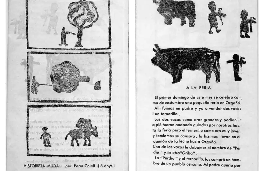 Dues planxes de la reproducció facsímil de la revista: els infants reprodueixen el món tal com el viuen; això, diu Bernal, els convida a fer-se preguntes.