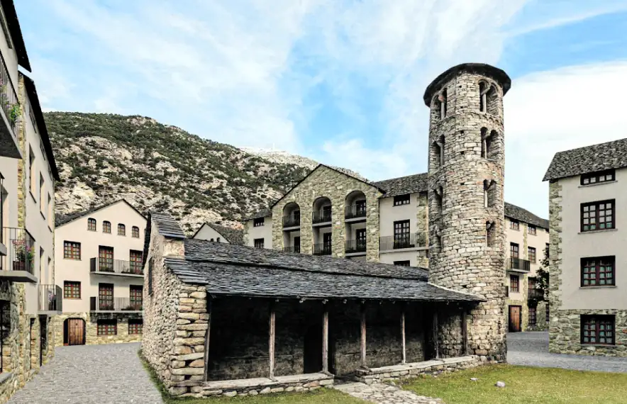 L’església de Santa Coloma envoltada d’edificis de regust medievalitzant, a partir dels plànols de Martinell.