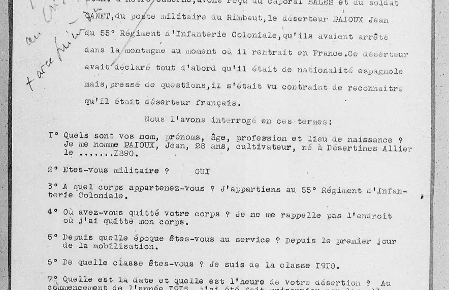 Declaració on el desertor Paioux relata el seu periple entre principis del 1915 i novembre del 1918.
