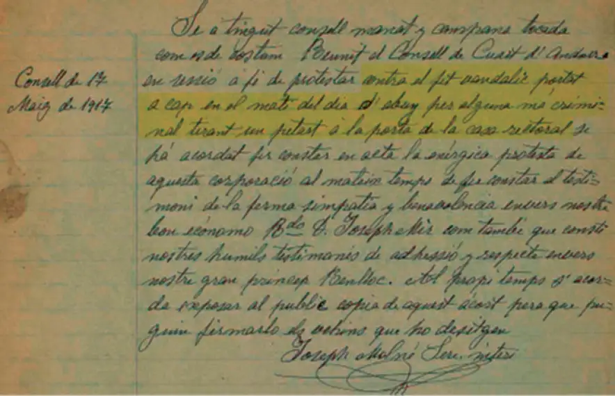 Entrada al llibre d’actes del Quart amb la notícia del petard que s’ha fet explotar a la rectoria.