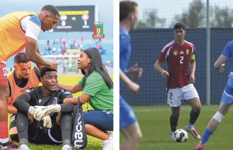 Owono, en l'últim partit de la seva selecció contra Tunísia. Antal Yaakobishvili, amb la selecció sub-21 d'Hongria.