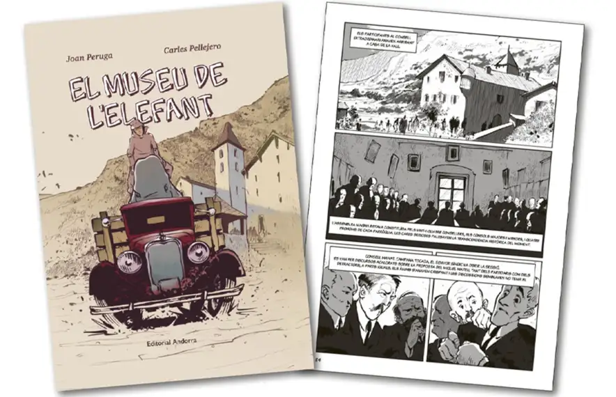 Portada i planxa de la novel·la gràfica 'El museu de l'Elefant'.
