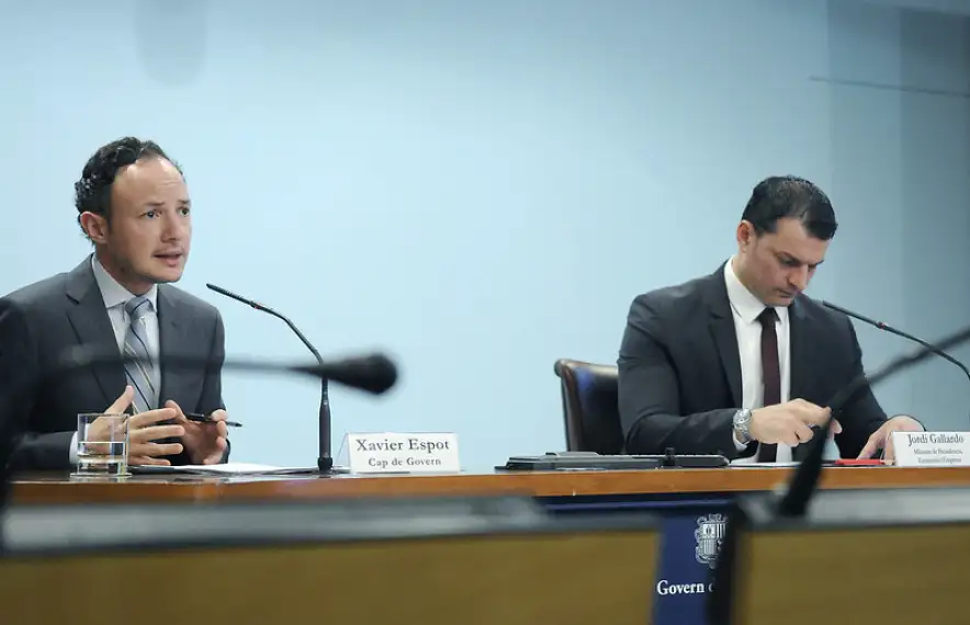 El cap de Govern, Xavier Espot, i el ministre de Presidència i Economia, Jordi Gallardo, en la roda de premsa d'aquesta tarda.