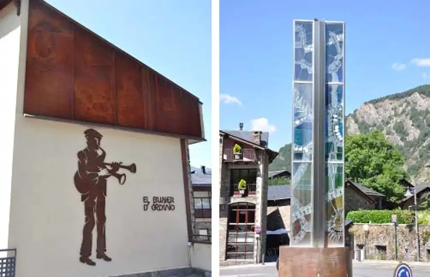 El buner ubicat a la mitgera de l’antiga plaça de mossèn Cinto, a Ordino, i l’obelisc de vitrall a la rotonda de l’Auditori.