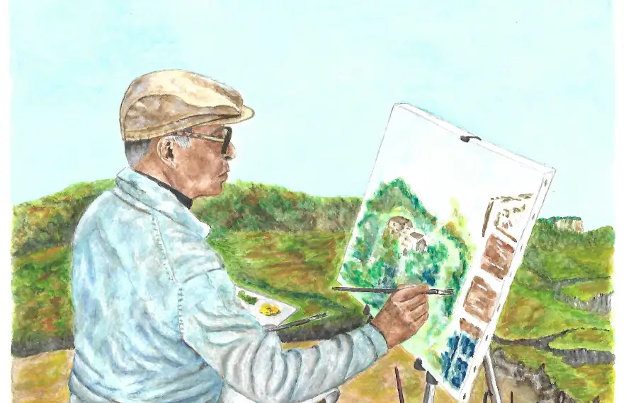 El bisbe Martí es relaxava pintant a l’oli. Aquí, retratat amb el pinzell a la mà pel pintor Josep Roig.