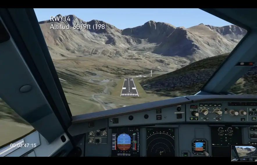 Simulació de la vista de la pista des d’un avió en l’arribada a l’aeroport de Grau Roig.