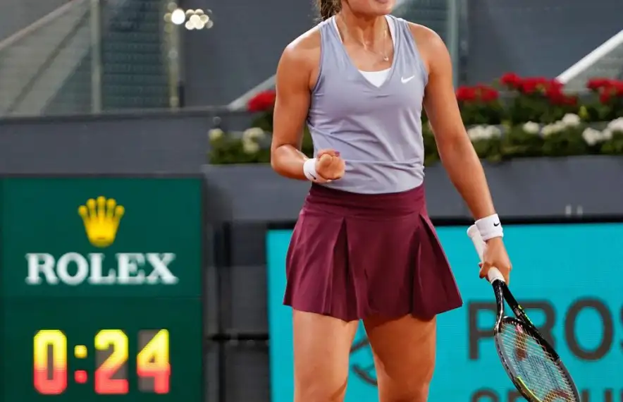 Vicky Jiménez celebrant un punt en la seva estrena a un Torneig WTA, amb el Mutua Madrid Open. Foto: WTA