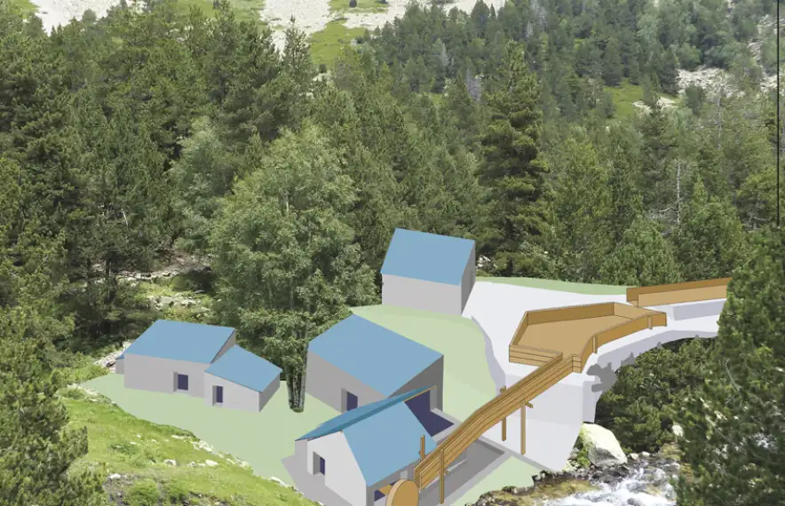 Reconstrucció hipotètica de la farga del Madriu, situada a 2.000 metres d’altura i amb els quatre edificis (martinet, casa, taller i carbonera) que constituïen el complex siderúrgic.