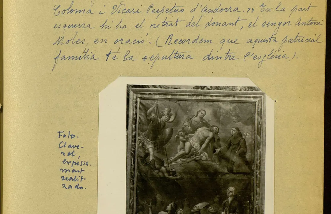 Una de les 149 pàgines manuscrites i primorosament il·lustrades de l''Inventari i conservació del patrimoni artístic de les Valls', del crític i historiador català Rafael Benet. Amb fotografies de Valentí Claverol i Bonaventura Rebés, el va elaborar el 1955 per encàrrec del Consell.