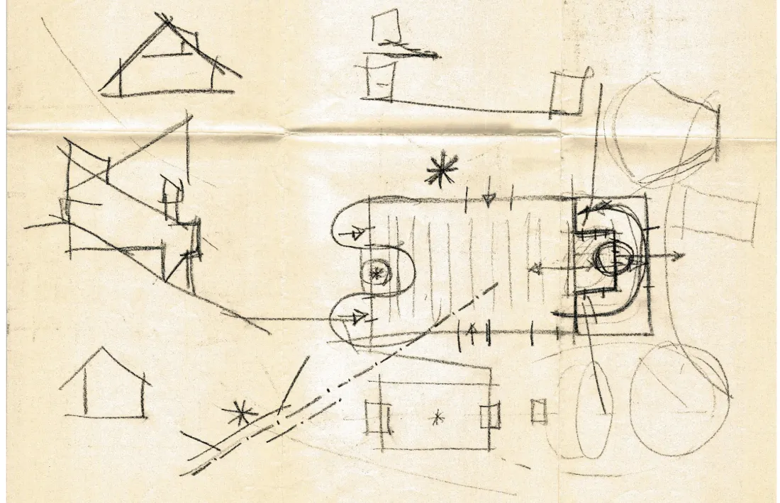 Croquis del santuari projectat per Aixàs i Pujal. El cambril de la Mare de Déu, sobre l’absis, s’obria a la vall per la façana de llevant i després de l’esplanada seguia un aparcament de dues plantes.