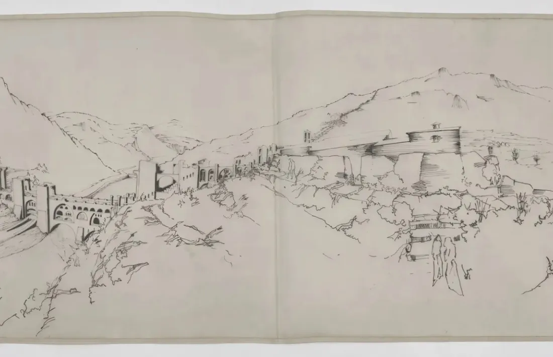 Esbòs de Bofill amb el faraònic projecte original, que tallava la vall transversalment amb un viaducte que desembocava a Mereig.