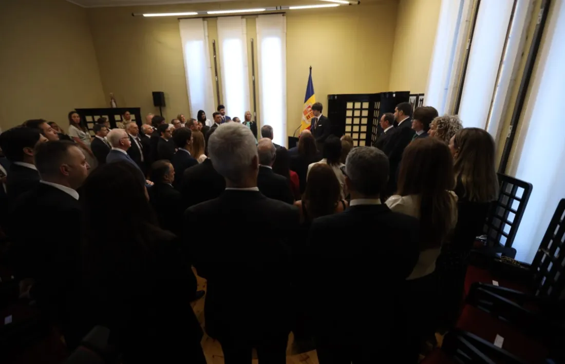 Un moment del discurs del síndic a la sala del Consell General al Santuari de Meritxell.