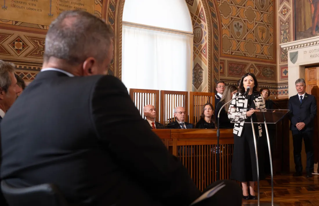 La titular d'Afers Exteriors, Imma Tor, en la seva intervenció a l’acte d’investidura dels nous capitans regents de la República de San Marino. 