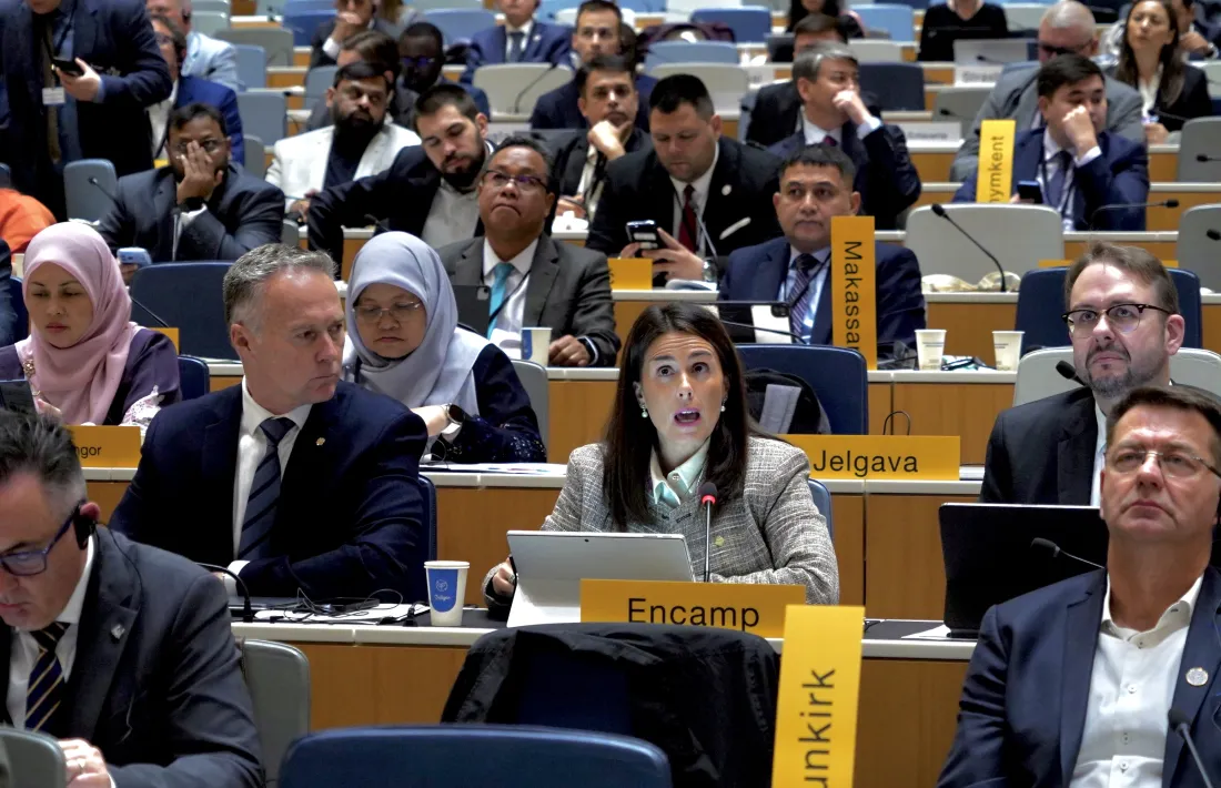 La cònsol major d'Encamp, Laura Mas, durant la seva intervenció al sisè UN Forum of Mayors, a Ginebra.