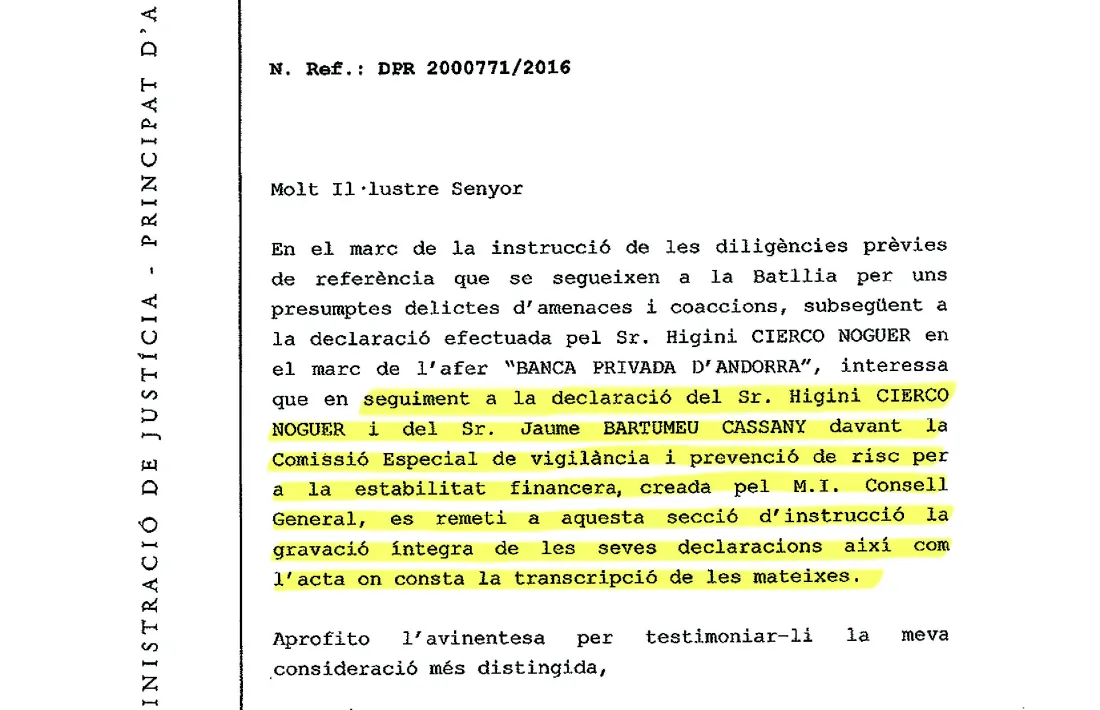 La Batllia demana les gravacions de la declaració de Cierco i Bartumeu