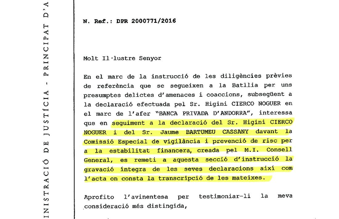 La Batllia demana les gravacions de la declaració de Cierco i Bartumeu
