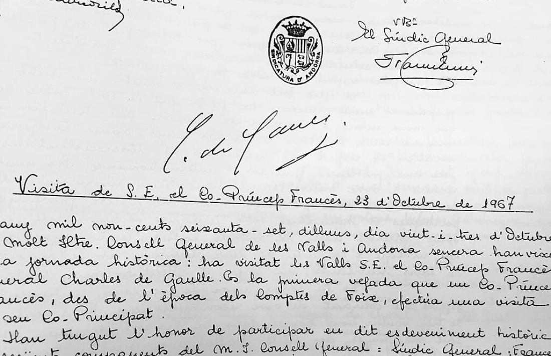 Andorra, atemptat, aniversari, 1967, De Gaulle, firma, autògrafa, Arxiu Nacional, acta, llibre d'actes