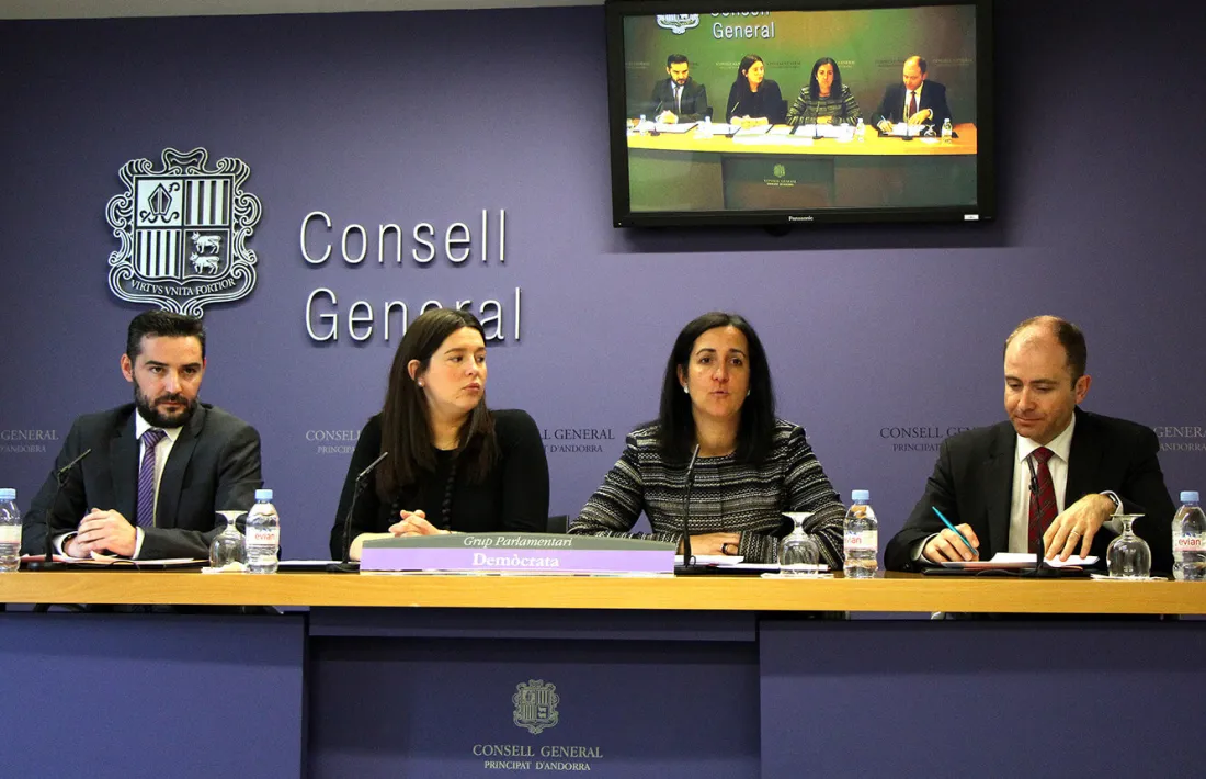 Els consellers generals de DA Marc Ballestà, Maria Martisella, Sofia Garrallà i Carles Jordana durant la compareixença d’ahir.