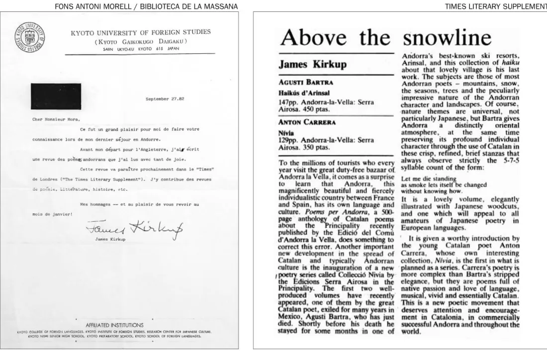La carta en què Kirkup anuncia la pròxima publicació de la ressenya, que va sortir al número del 4 de febrer del 1983 del TLS.