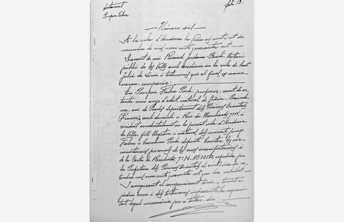 Primera pàgina del testament de Pompeu Fabra atorgat el 27 de novembre del 1947 davant de notari Rossend Jordana.