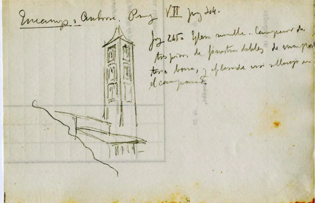 Croquis de l'església de Santa Eulàlia amb anotacions manuscrites de Domènech i Montaner.