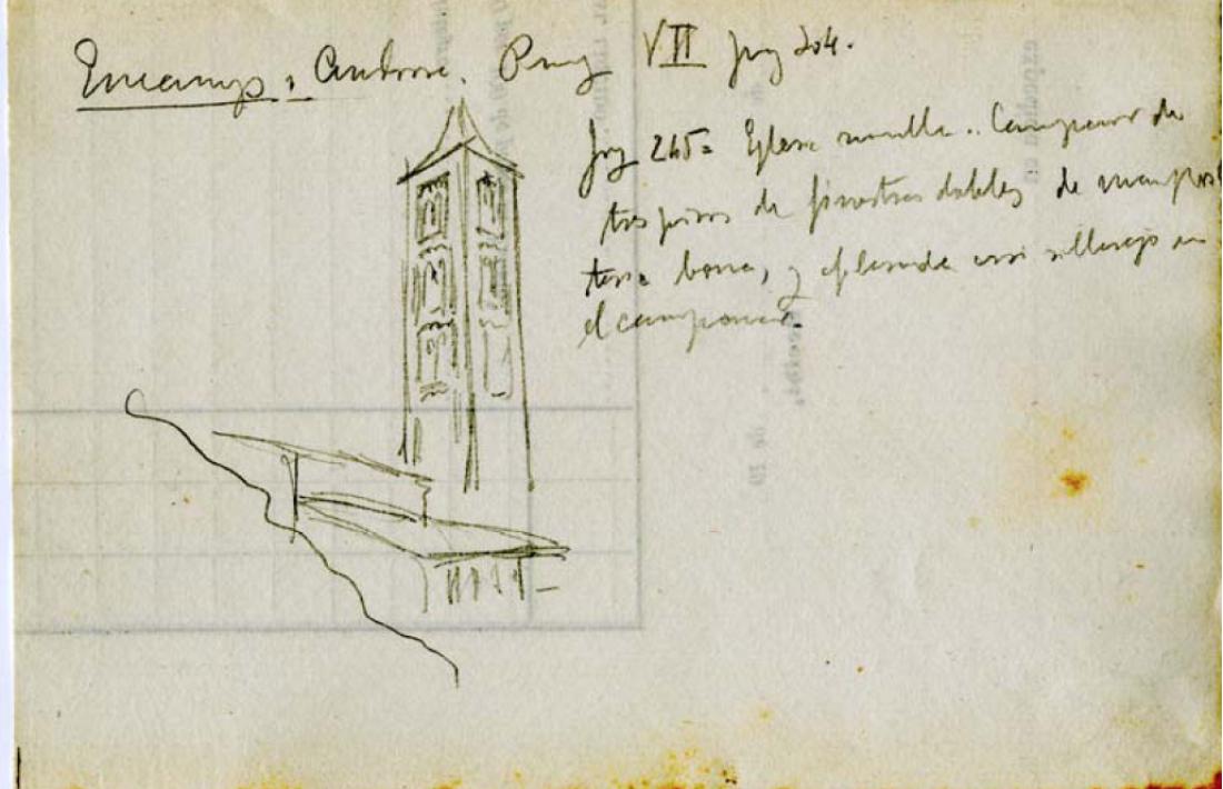 Croquis de l'església de Santa Eulàlia amb anotacions manuscrites de Domènech i Montaner.