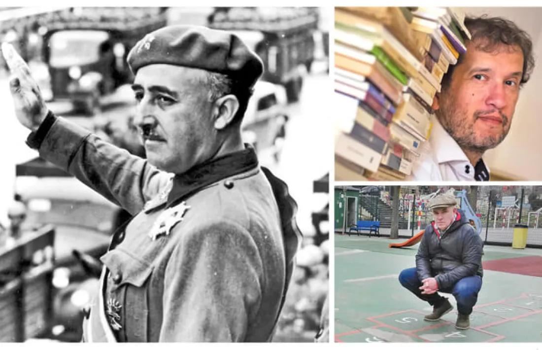 Franco, en algun moment del 1937, en plena Guerra Civil espanyol; a baix, l’escriptor rossellonès Joan-Lluís Lluís, autor de ‘Jo soc aquell que va matar Franco’, i Albert Villaró, que ho és d’‘El sindicat de l’oblit’. 
