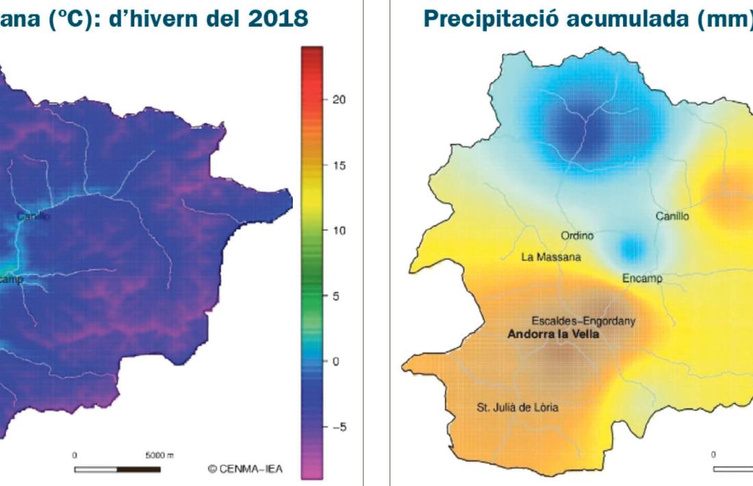 Mapes del butlletí climàtic de l’hivern 2018 que publica el Cenma. 