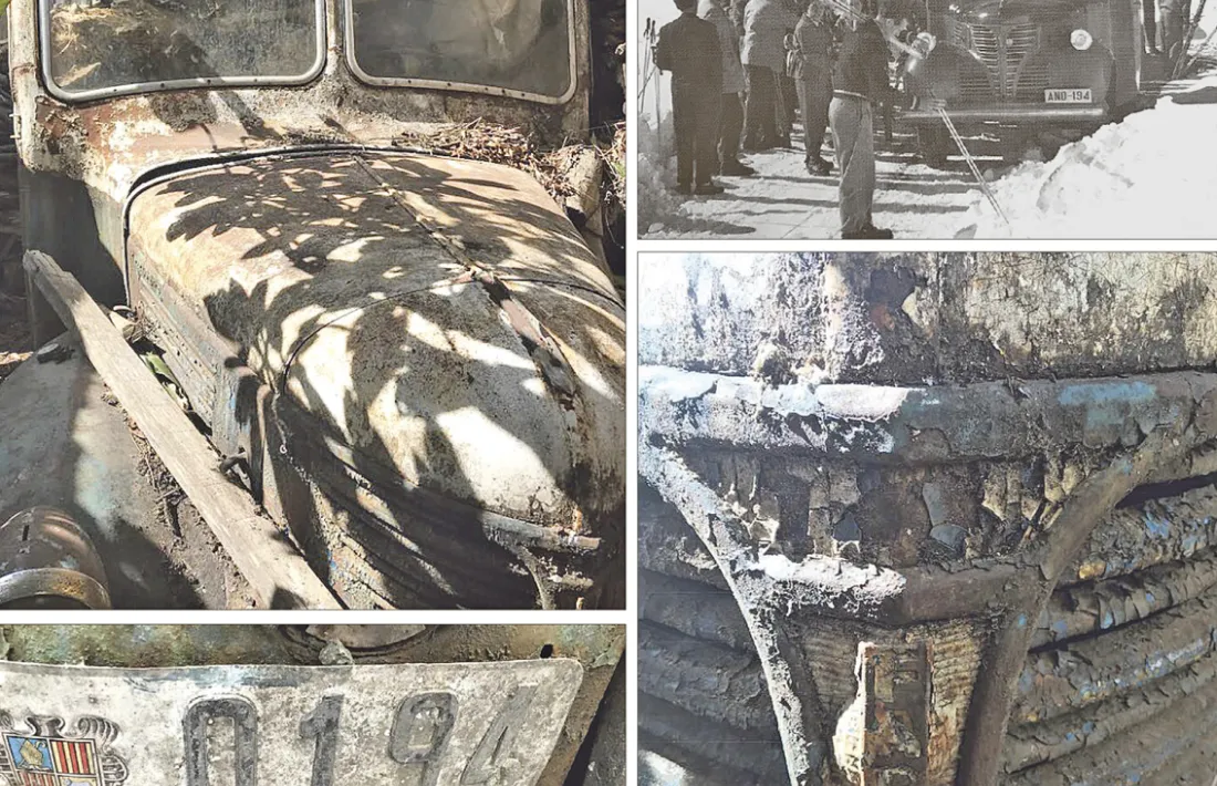 Detalls del capó, la matrícula i el logo del Dodge Fargo de Fontaneda, que era el que apareix a la fotografia en blanc i negre, descarregant esquiadors de la línia d'Acs, als anys 50 o primers 60.
