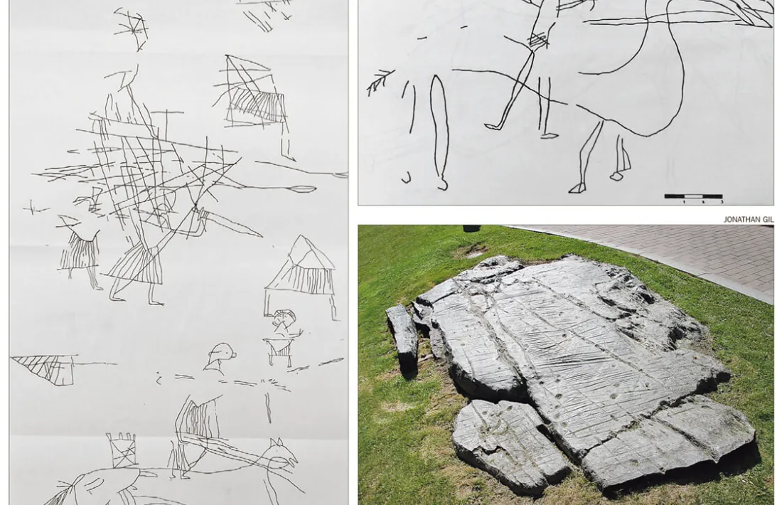 Guerrers, cavalls i cavallers d’origen probablement medieval –a l’esquerra i a dalt– van aparèixer a la paret vertical que uneix les dues terrasses, amb incisions en forma de fus, estels, triangles, branques, creus i graelles, i d’origen probablement neolític: a baix, reproducció en bronze d’una de les terrasses, instal·lada a finals dels anys 90 davant del Palau de Gel.