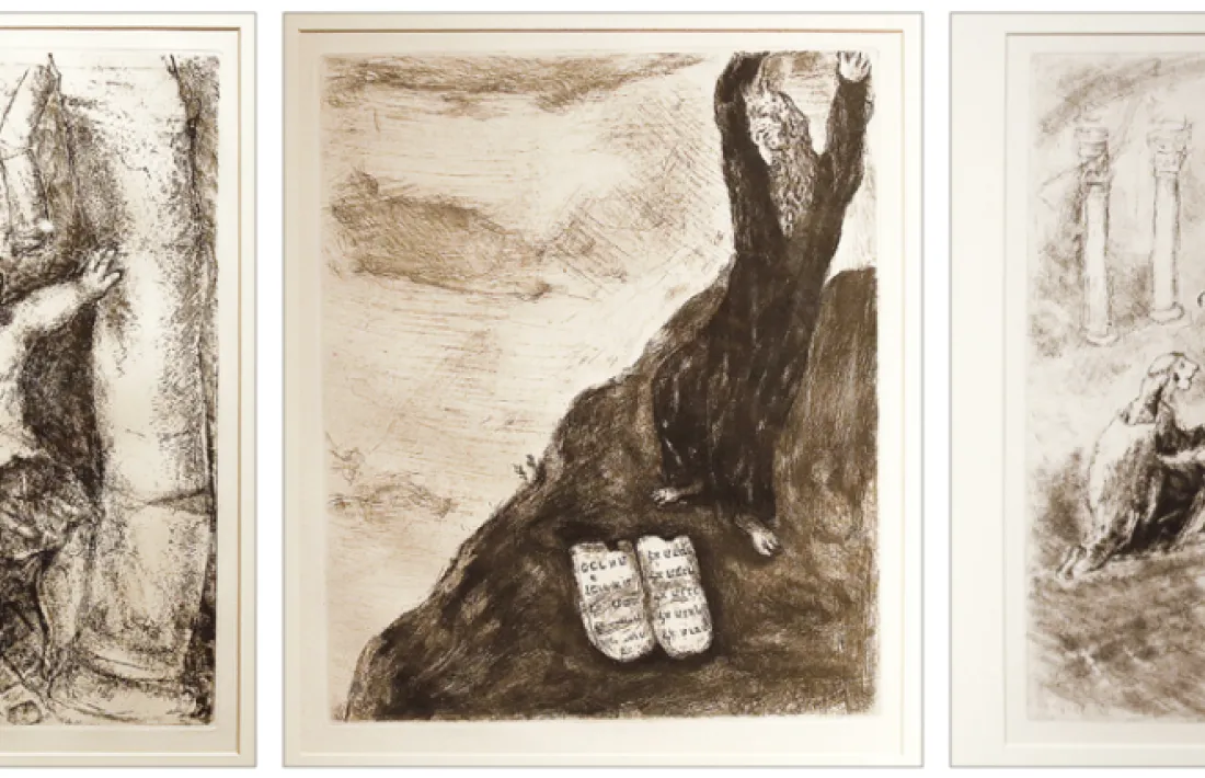 Tres dels aiguaforts que s’exposen al CAEE: Samsó ensorra les columnes del temple, Moisès trenca les taules de la llei, i judici de Salomó (318 per 240 mil·límetres, 1932-1959).