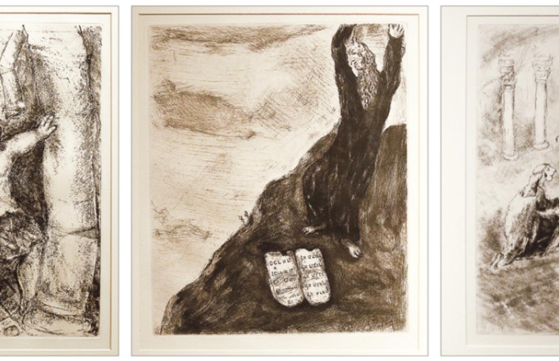 Tres dels aiguaforts que s’exposen al CAEE: Samsó ensorra les columnes del temple, Moisès trenca les taules de la llei, i judici de Salomó (318 per 240 mil·límetres, 1932-1959).