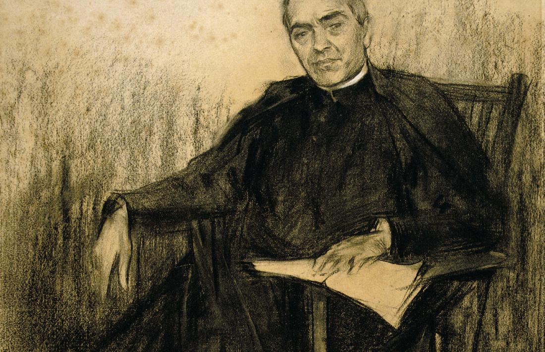 Verdaguer (Folgueroles, 1845-Vallvidrera, 1902), en el retrat canònic que en va dibuixar Ramon Casas el 1901.
