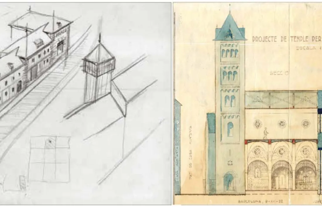 El primer esbós de la central, datat el 1931, ja incloïa els tres volums esglaonats; la torre, en canvi, es va descartar; Perspectiva lateral de Sant Pere màrtir, amb la torre neoromànica i els sis trams del temple: el cinquè no es va acabar fins al 1980.