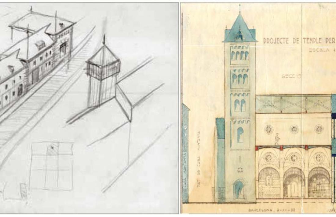 El primer esbós de la central, datat el 1931, ja incloïa els tres volums esglaonats; la torre, en canvi, es va descartar; Perspectiva lateral de Sant Pere màrtir, amb la torre neoromànica i els sis trams del temple: el cinquè no es va acabar fins al 1980.