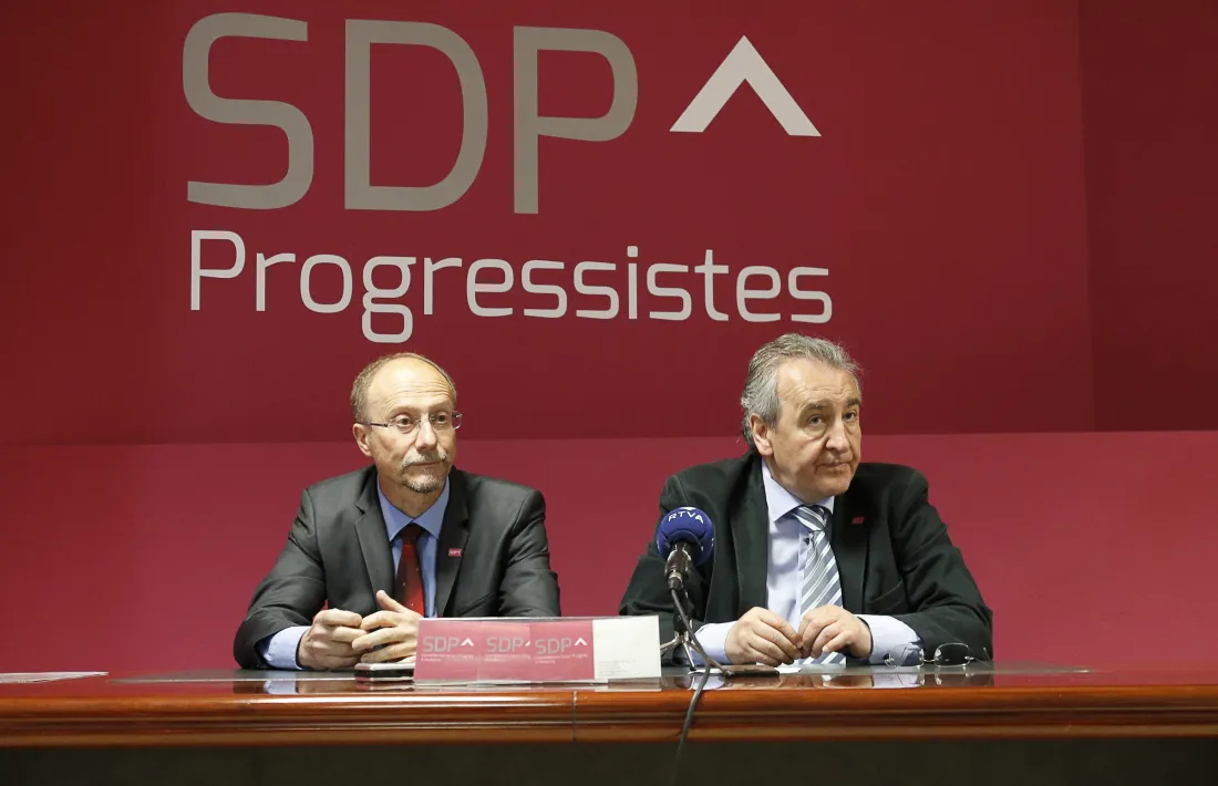 El conseller general d’SDP, Víctor Naudi, i el president de la formació, Jaume Bartumeu, en una compareixença anterior.