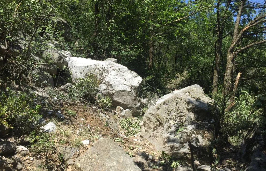 Protecció Civil /Una de les roques que ha caigut durant l'esllavissada al centre de la imatge.