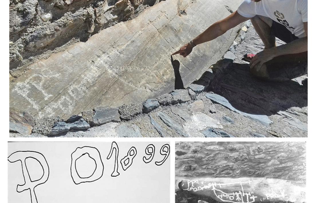 A dalt, el conjunt de gravats al peu de la casa Erxa, amb les sigles “P O” que Remolins creu que podrien correspondre a les que el pastor cerdà Pierre Orriols va deixar gravades a finals del XIX a la zona d’Err (a baix); a la dreta, la mateixa penya, tal com se la va trobar Pere Canturri el 1980, quan el jaciment es va documentar per primera vegada.