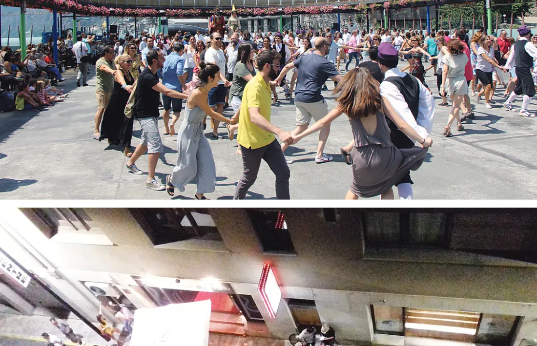 La rotllana popular del Contrapàs, que es va ballar ahir a la plaça del Poble de la capital; a baix, l'In Situ, al carrer La Llacuna, diumenge a les 3.35 de la matinada: la barra, concorregudíssima, i la música, a tota pastilla: van plantar la discoteca l mig del carrer. 