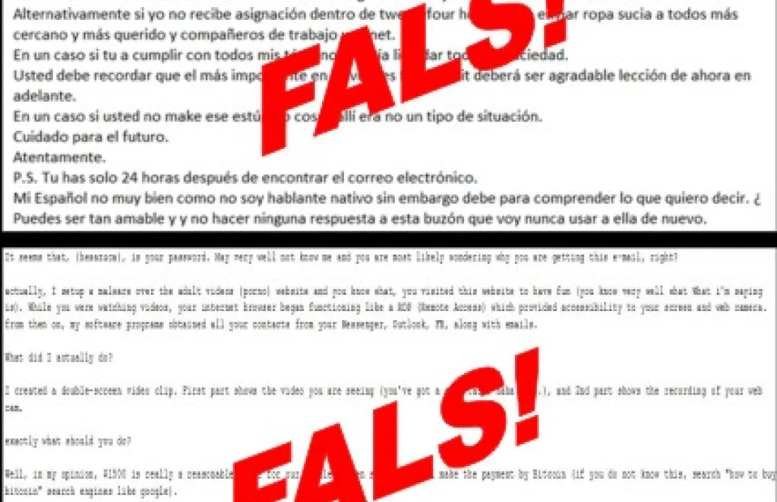 Exemple tipus d'un correu d'extorsió.