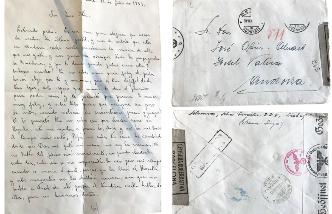 La pàgina del davant de la carta escrita per Juanita Schmid, nom de casada, el 22 de juliol del 1943; a la dreta, el sobre, amb els segells de la censura alemanya i franquista.