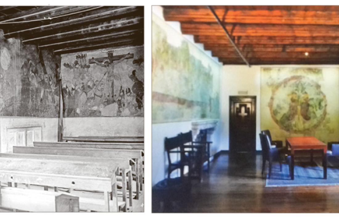 L’habitació del bisbe, cap al 1920: tres anys abans s’havia reconvertit en aula de l’escola francesa de la capital; a la dreta, reconvertida en despatx del Síndic, en una fotografia del 1997.