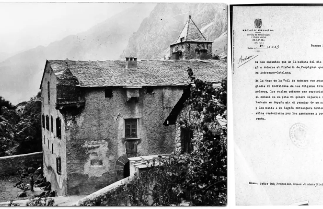 26 d’abril del 1938: un grup de brigadistes internacionals descansa al pati de Casa de la Vall; a baix, informe del SIPM del 28 d’abril que deixa constància de la presència a Casa de la Vall de “26 individuos de las Brigadas Internacionales, casi todos polacos”.