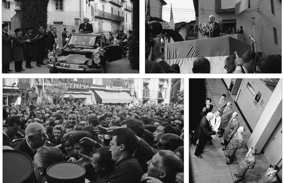 De Gaulle, circulant pel carrer major d’Ordino a bord de la DS presidencial, i en ple discurs a la tarima aixecada davant de ca l’Eduardo, a la plaça Benlloch de la capital (a dalt); bany de masses a la plaça Benlloch, amb els kepis dels gendarmes en primer terme; el general passa revista al personal de Sud Radio, al cap del Pic Blanc (a baixa, a la dreta).