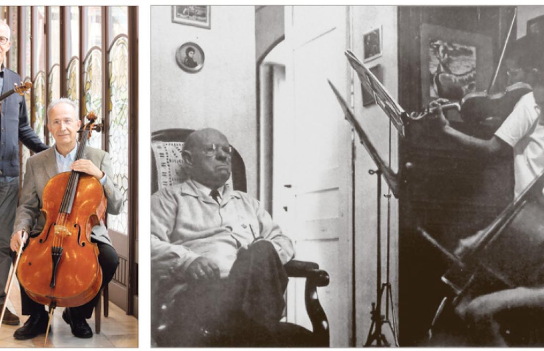 Seixanta anys separen aquestes dues fotos: la de la dreta va ser feta le 1960 a Prada de Conflent, amb Pau Casals pesant amb la mirada el talents dels germans Claret.