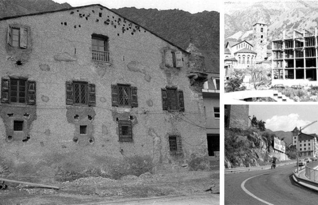 Tres símbols de la nova Andorra que Peig retrata amb la seva Leica: la reforma de Casa de la Vall (1962), el nou edifici del comú de la capital (1982), i el carrer doctor Vilanova, sobre el forat on el 1985 s’aixecarà l’edifici administratiu