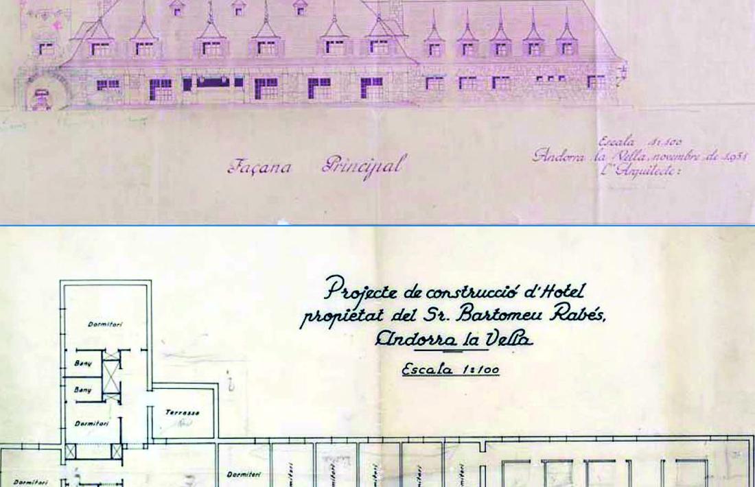 Alçat i planta del Park Hotel traçat per l’arquitecte Joan Margarit Serradell.